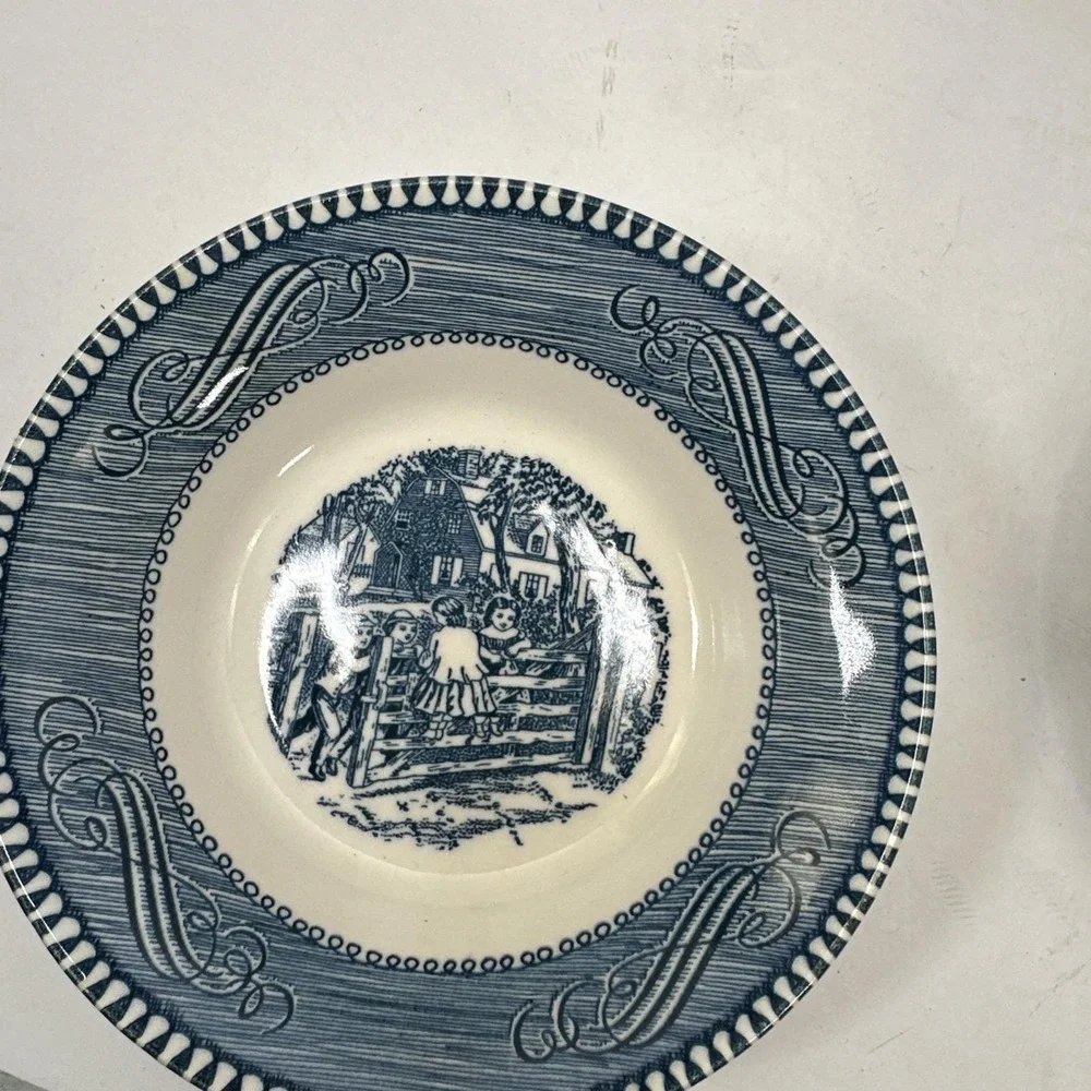 Currier Ives Blue White Berry Bowls Set 6 Old Grist Mill Cottagecore Decor